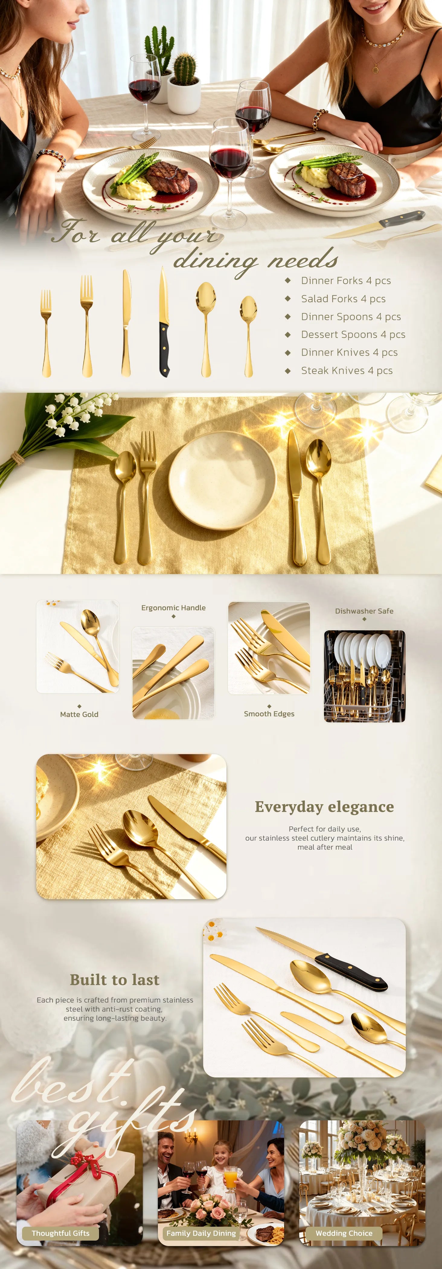 Astercook Silverware Set Food-Grade Stainless Steel-Gold Black