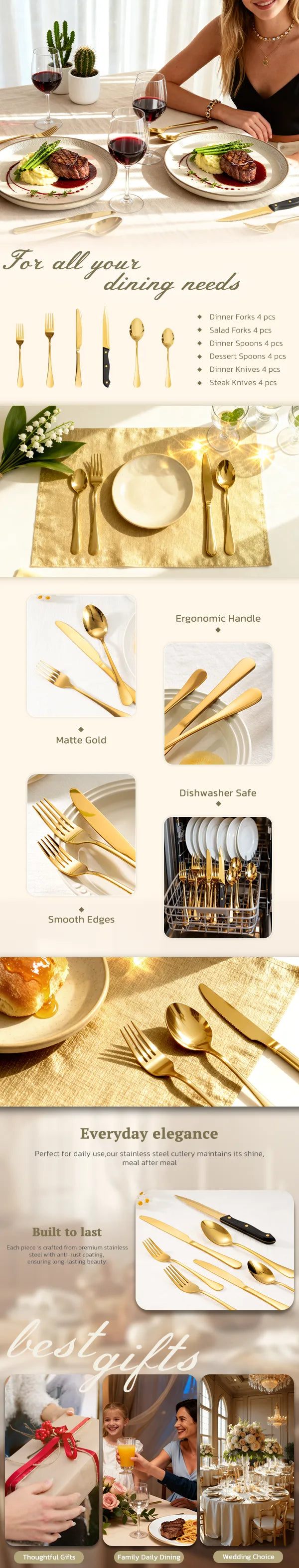 Astercook Silverware Set Food-Grade Stainless Steel-Gold Black