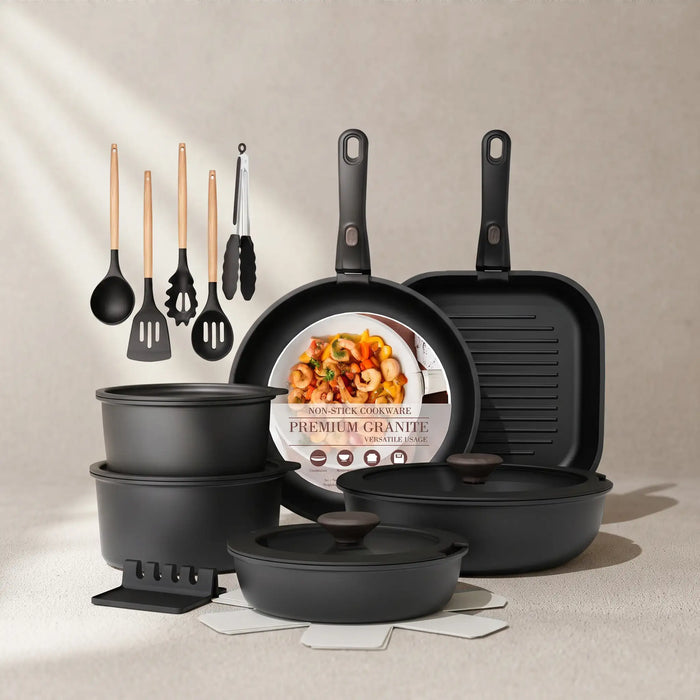 23-Piece Ceramic Pots and Pans Set Non Stick Detachable Handle -Black