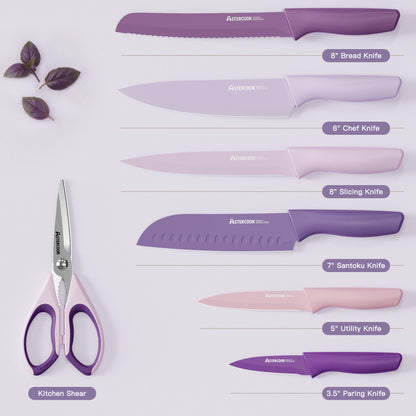 7 Pieces Kitchen Knives Set with Healthy Anti-Rust Coating Purple