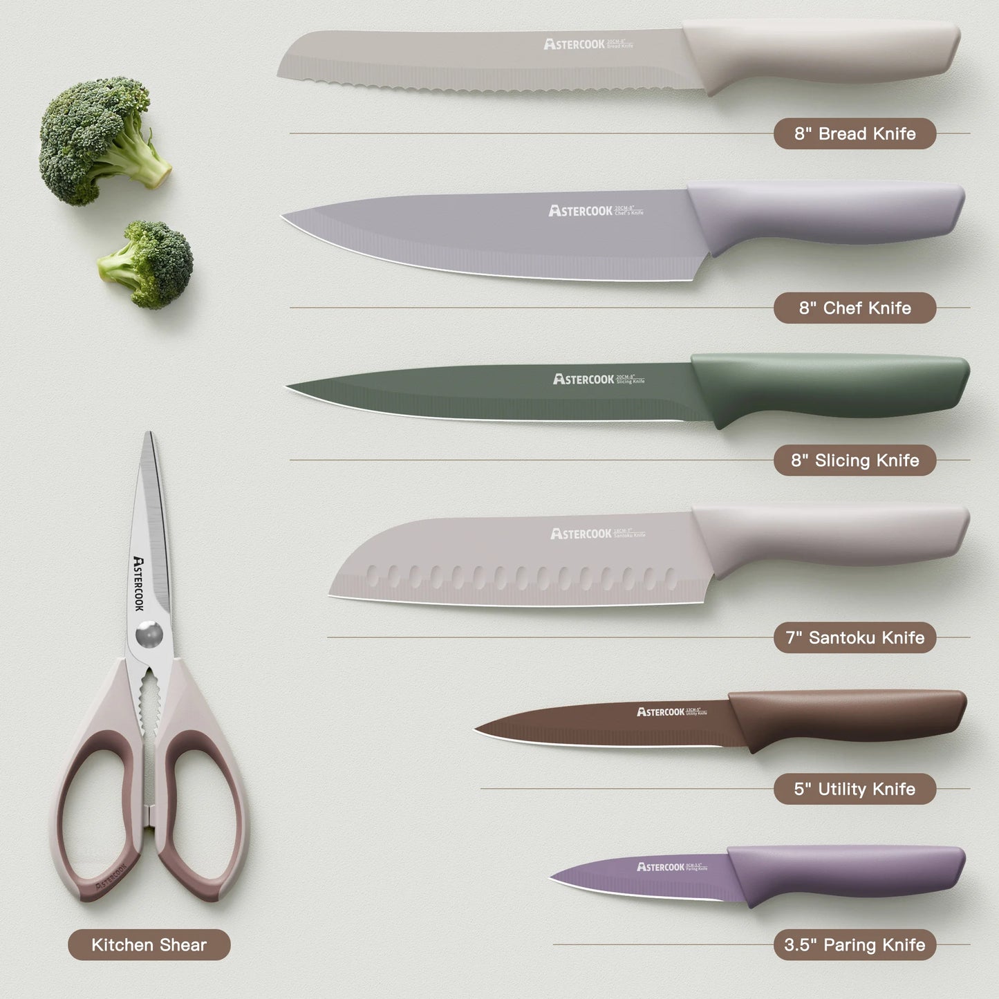 7 Pieces Kitchen Knives Set with Healthy Anti-Rust Coating Morandi