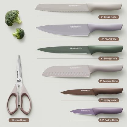 7 Pieces Kitchen Knives Set with Healthy Anti-Rust Coating Morandi