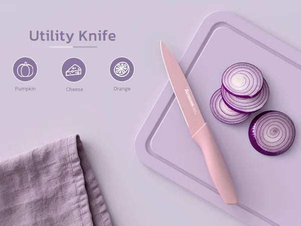 7 Pieces Kitchen Knives Set with Healthy Anti-Rust Coating Purple