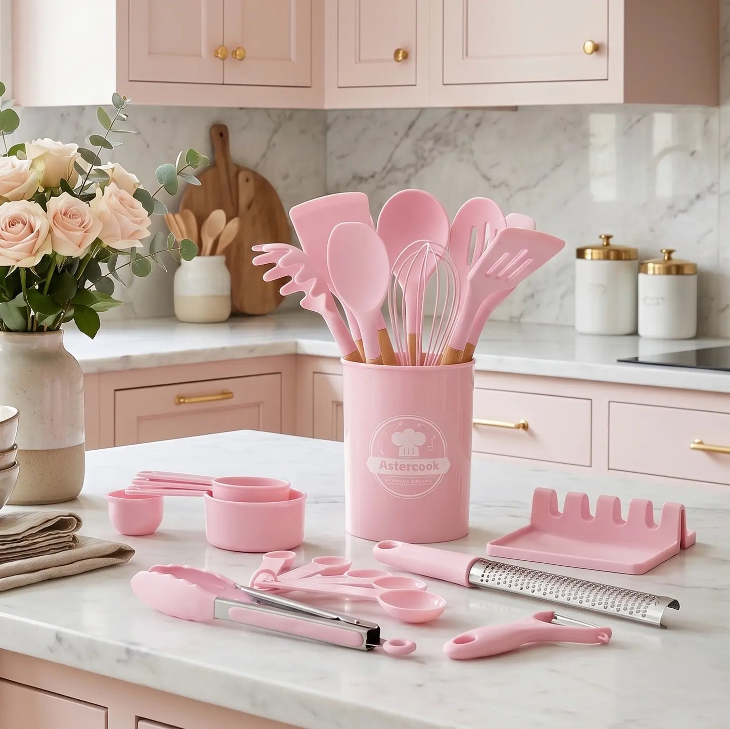 39-Piece Silicone Utensil Collection-Pink