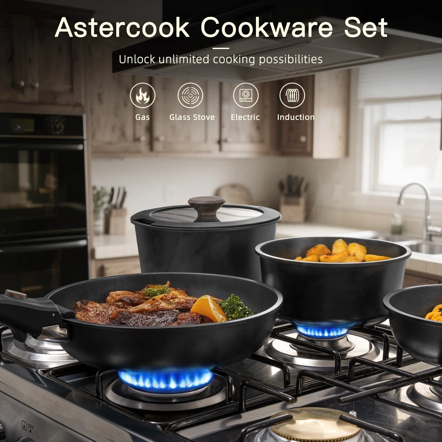 21-Pc Stackable Black Cookware Set