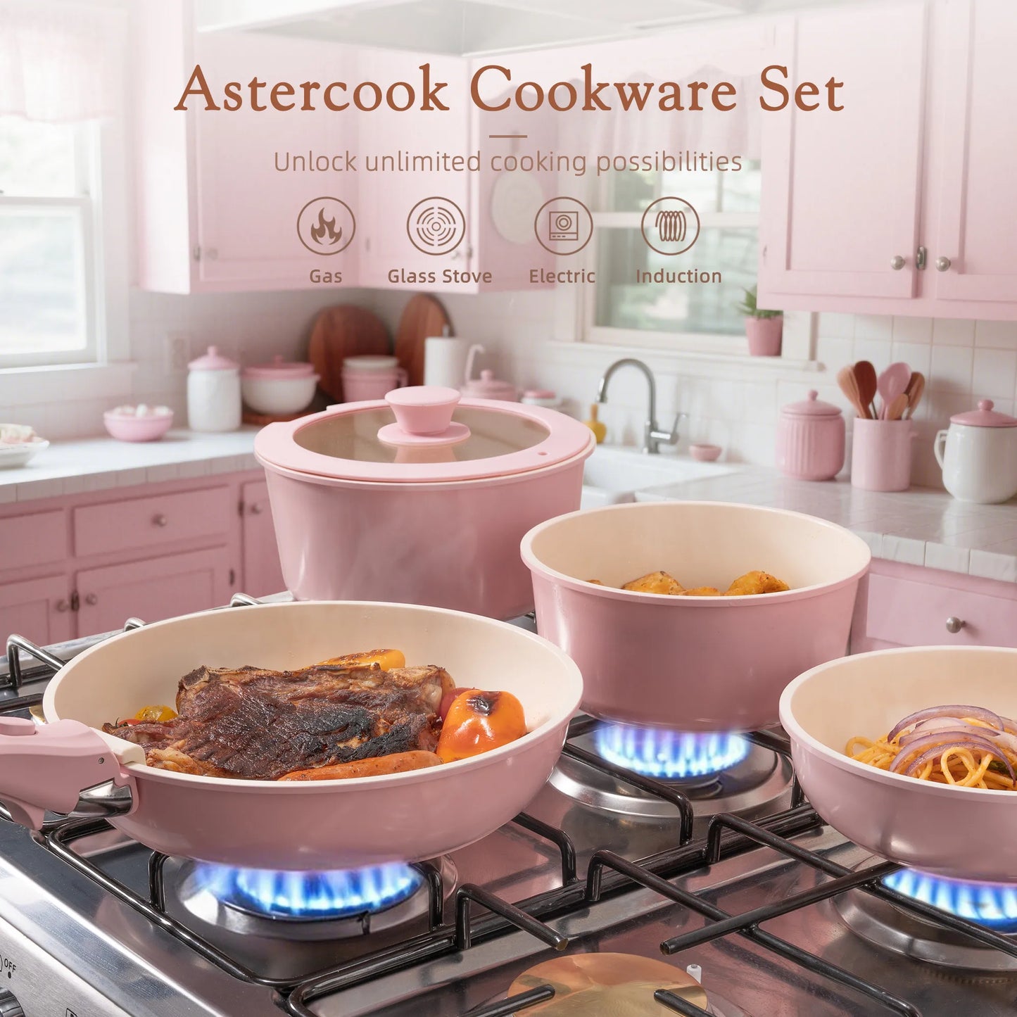 21-Pc Detachable Pink Cookware Set
