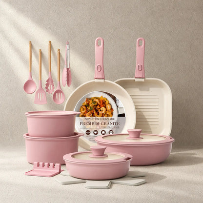23-Piece Ceramic Pots and Pans Set Non Stick Detachable Handle -Pink
