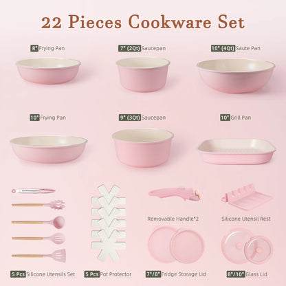 Astercook 22 Piece Pots and Pans Set Non Stick, Cookware Set with Detachable Handles, Induction Compatible & Oven Safe, Stackable Space-Saving Kitchen Cooking Set for RV, Camping & Home, Pink