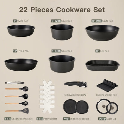 Astercook 22 Piece Pots and Pans Set Non Stick, Cookware Set with Detachable Handles, Induction Compatible & Oven Safe, Stackable Space-Saving Kitchen Cooking Set for RV, Camping & Home, Black
