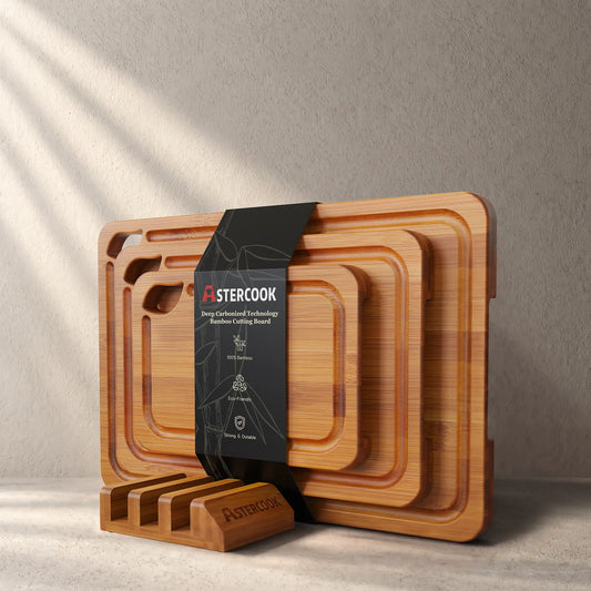 Astercook 4-Piece Carbonized Bamboo Cutting Board Set with Holder