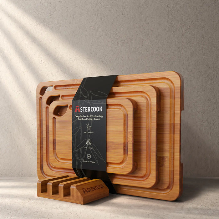 Astercook 4-Piece Carbonized Bamboo Cutting Board Set with Holder