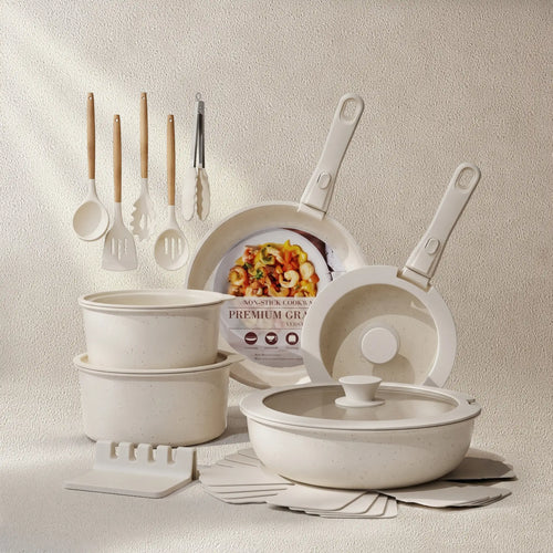 21-Piece Ceramic Pots and Pans Set Non Stick Detachable Handle -White