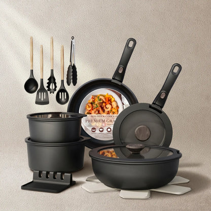 21-Piece Ceramic Pots and Pans Set Non Stick Detachable Handle -Pink