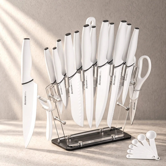 22-Pc Modern Clear Block Knife Set-White