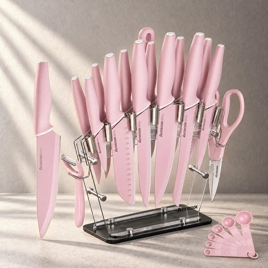 22-Pc Modern Clear Block Knife Set-Pink