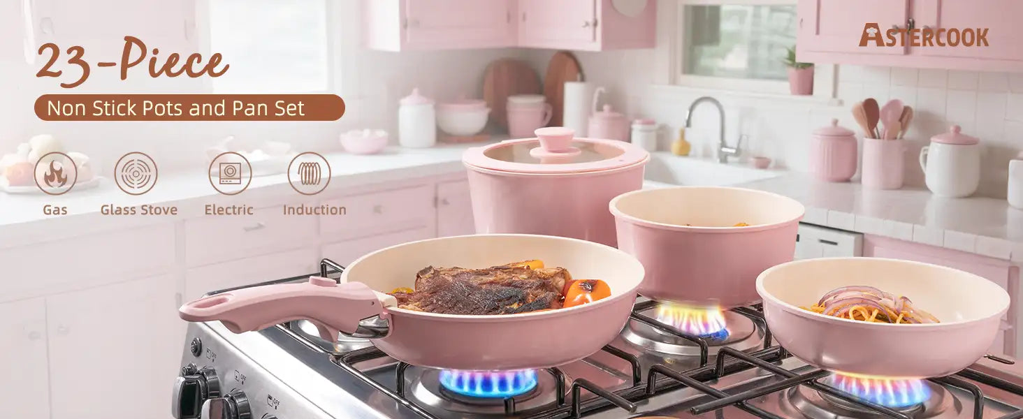 23-Piece Ceramic Pots and Pans Set Non Stick Detachable Handle -Pink
