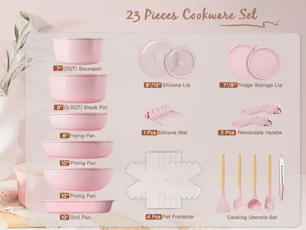 23-Piece Ceramic Pots and Pans Set Non Stick Detachable Handle -Pink