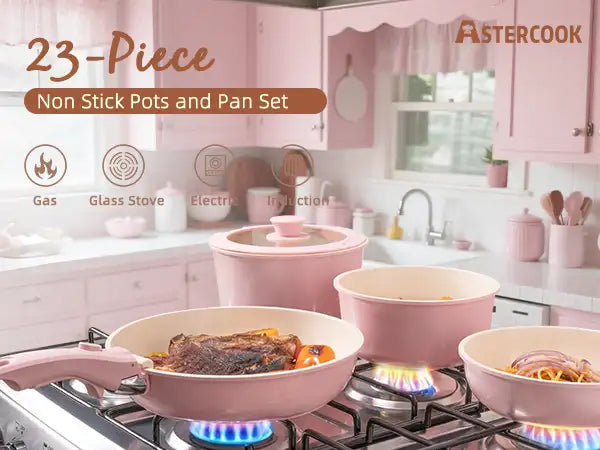 23-Piece Ceramic Pots and Pans Set Non Stick Detachable Handle -Pink