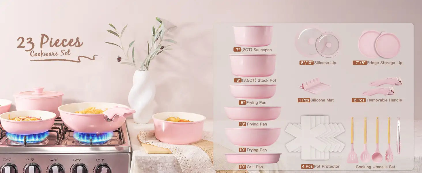 23-Piece Ceramic Pots and Pans Set Non Stick Detachable Handle -Pink