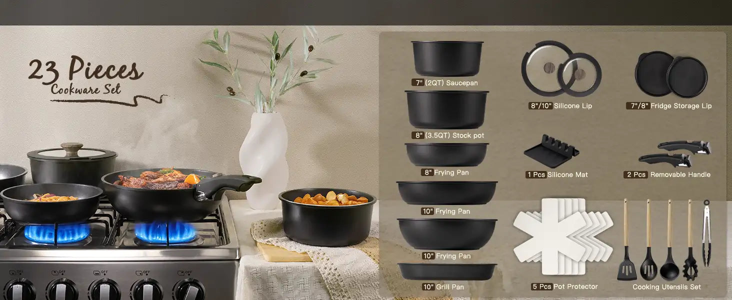 23-Piece Ceramic Pots and Pans Set Non Stick Detachable Handle -Black