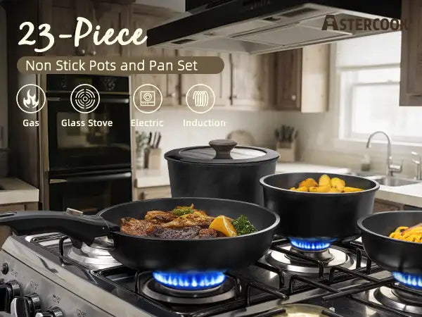 23-Piece Ceramic Pots and Pans Set Non Stick Detachable Handle -Black