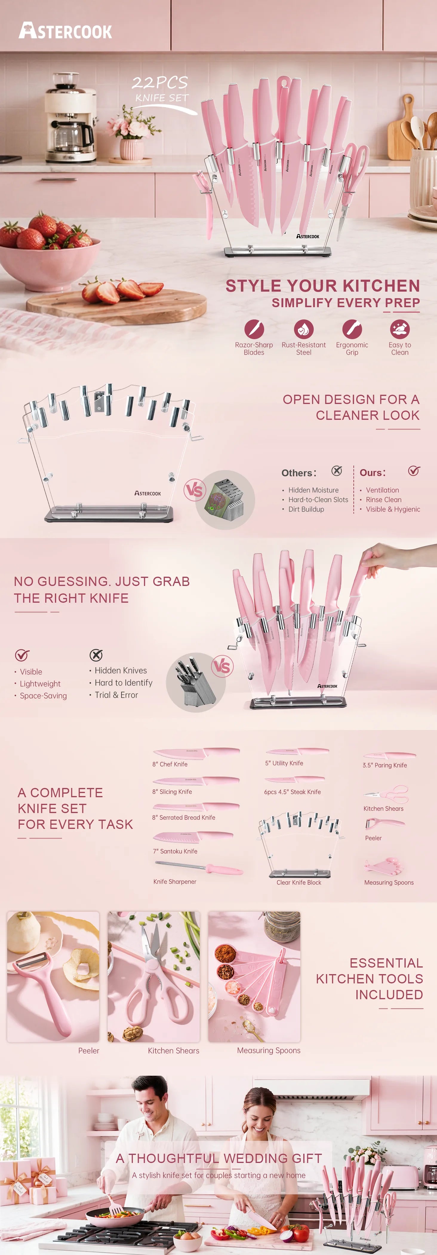 22-Pc Modern Clear Block Knife Set-Pink
