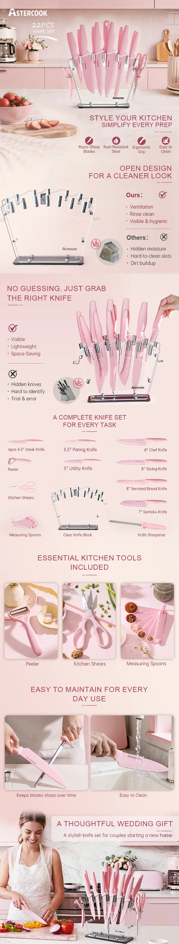 22-Pc Modern Clear Block Knife Set-Pink