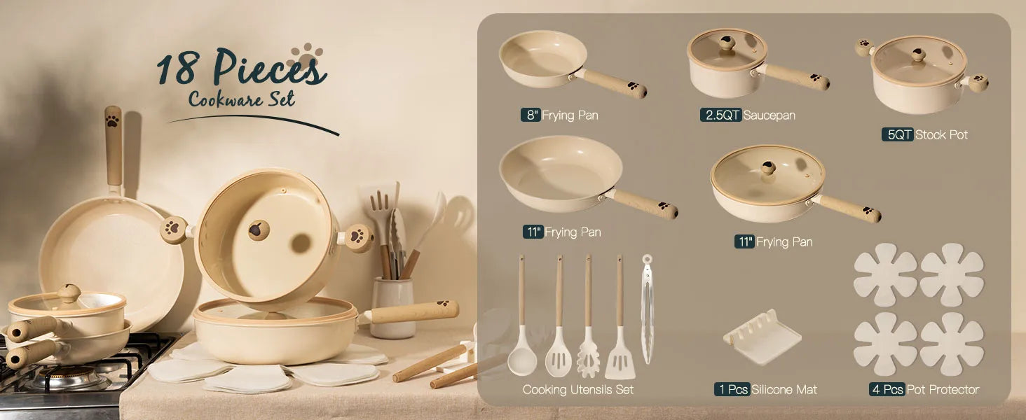 18-Piece Ceramic Cookware Set – Dog Paw Handle