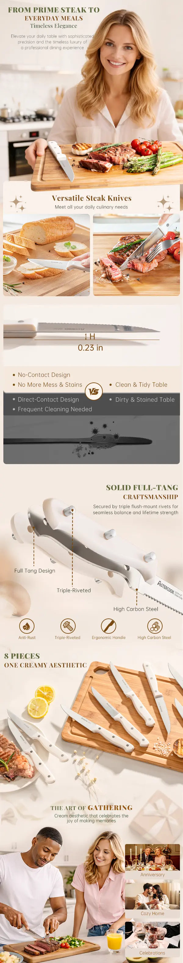 8-Pcs Cream White Steak Knife Set Dishwasher Safe