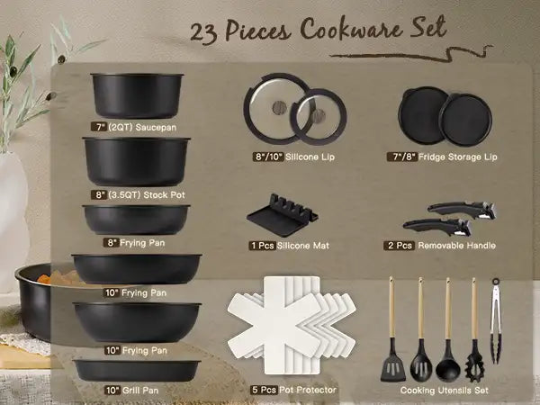 23-Piece Ceramic Pots and Pans Set Non Stick Detachable Handle -Black