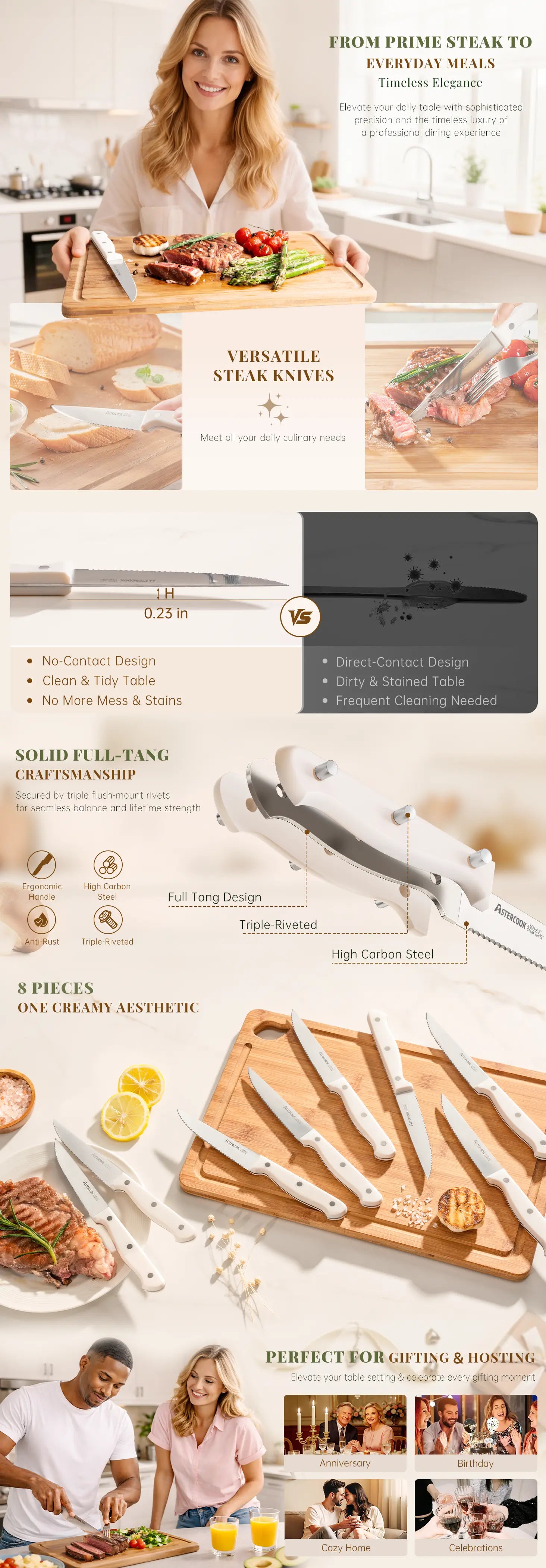 8-Pcs Cream White Steak Knife Set Dishwasher Safe