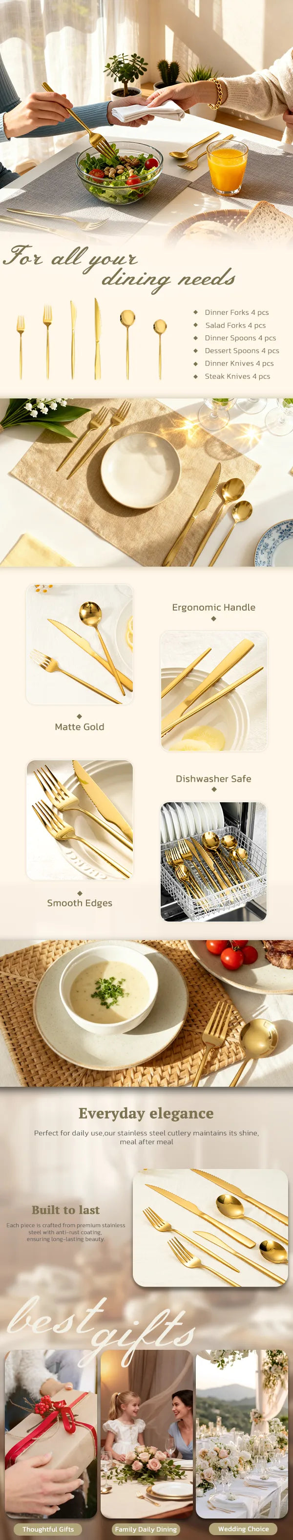 Astercook Silverware Set Food-Grade Stainless Steel-Gold