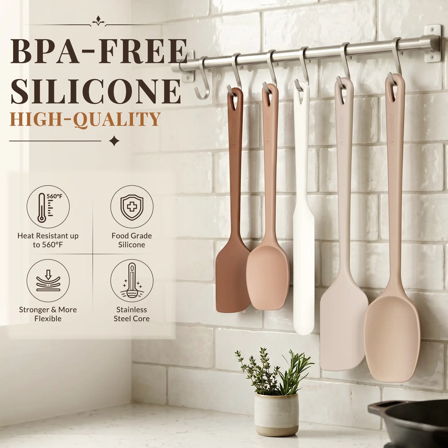 Astercook 5-Piece Silicone Spatula Set, 560°F Heat Resistant Rubber Spatulas with Stainless Steel Core, Nonstick Safe & Dishwasher Safe Baking Spatula Set for Cooking & Mixing, Macaron Pastel Colors