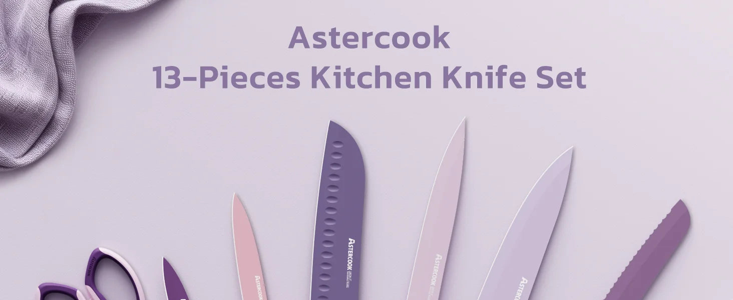 7 Pieces Kitchen Knives Set with Healthy Anti-Rust Coating Purple