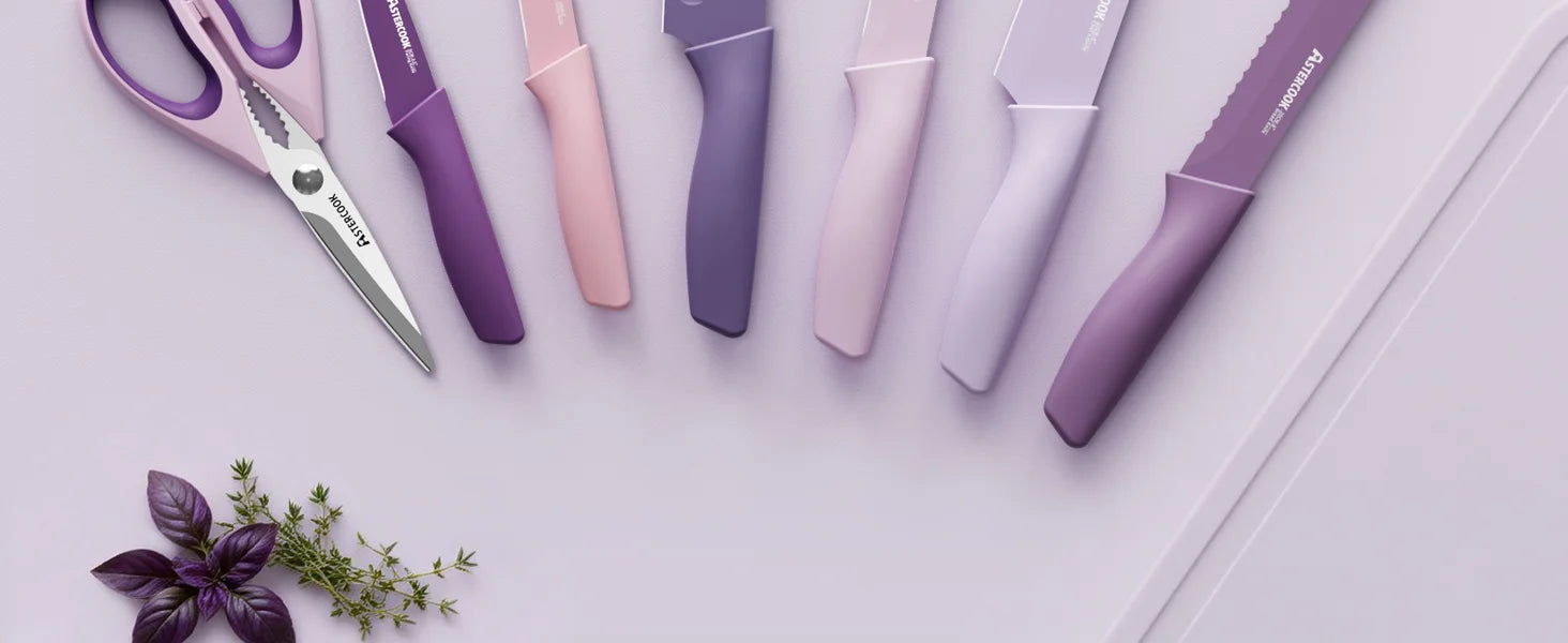 7 Pieces Kitchen Knives Set with Healthy Anti-Rust Coating Purple
