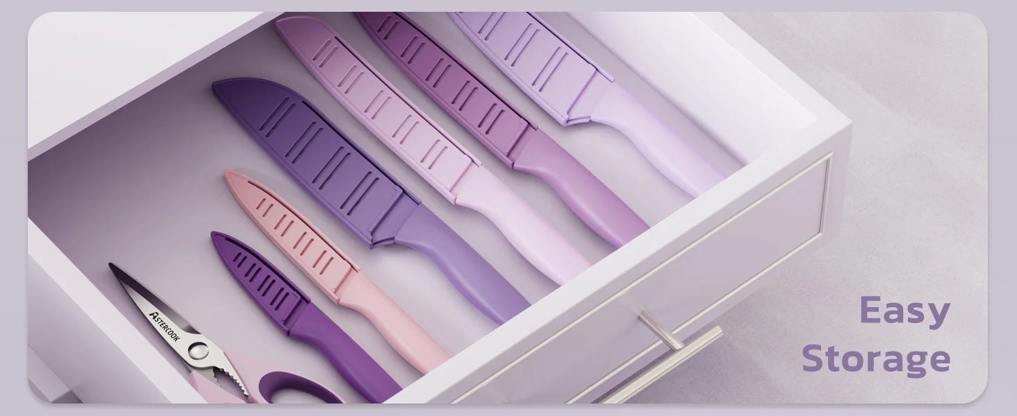 7 Pieces Kitchen Knives Set with Healthy Anti-Rust Coating Purple