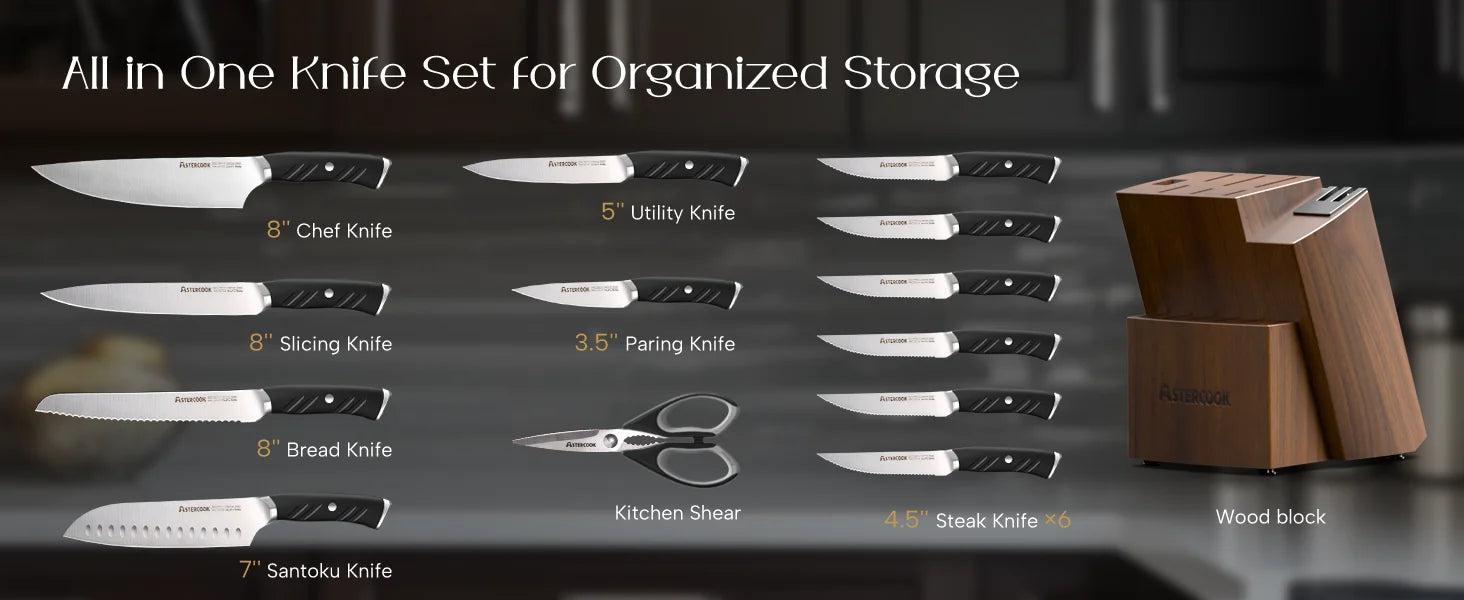 15 Pcs German Stainless Steel Knives Sharp Blade Dishwasher Safe