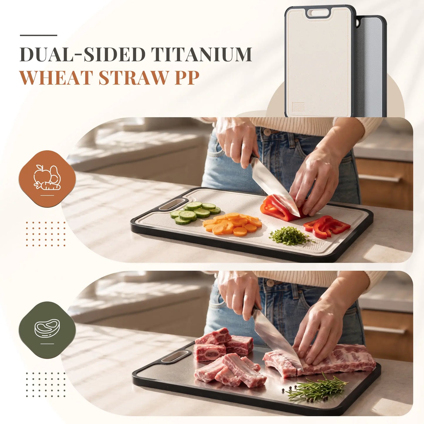 Astercook Titanium Cutting Board for Kitchen, Dual-Sided Pure Titanium & Wheat Straw PP Cutting Boards with Juice Groove, Non-Porous Chopping Board for Meat, Fish, Vegetables & Fruit, 11.5" x 15.7"
