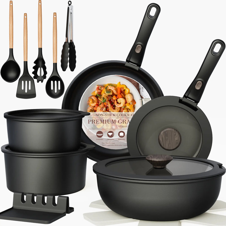 21pcs Ceramic Detachable Cookware Set-Black