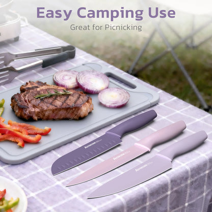 7 Pieces Kitchen Knives Set with Healthy Anti-Rust Coating Purple