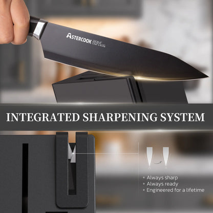 Astercook Knife Set, 15-Piece Kitchen Knives Set with Built-in Sharpener, German Stainless Steel Knife Block Sets with Anti-Rust Coating & PP Ergonomic Handle, Dishwasher Safe Black