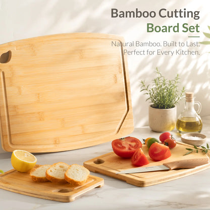 Astercook 4-Piece Bamboo Cutting Board Set with Holder, Natural Wood Cutting Boards with Juice Grooves and Easy-Grip Handles, Kitchen Chopping Boards for Prep and Serving