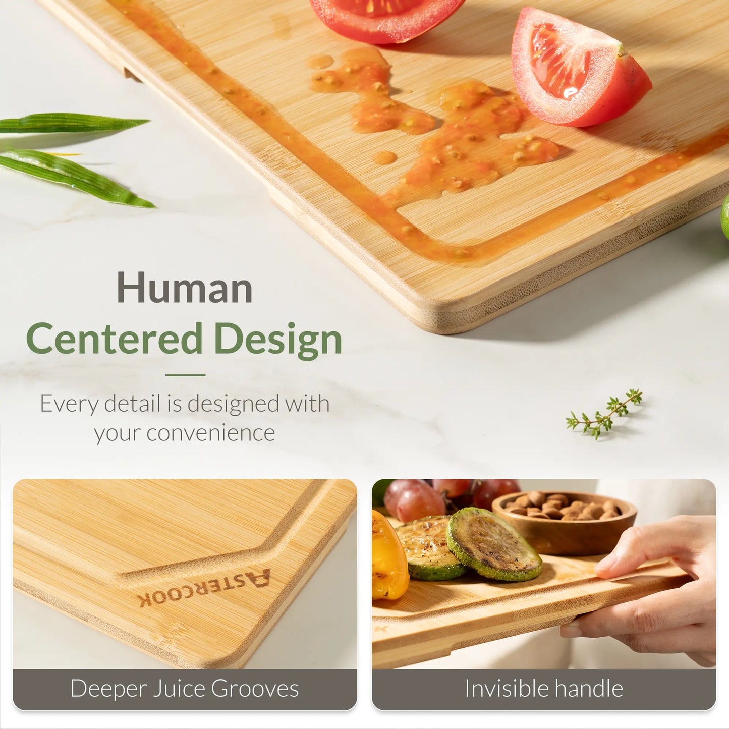 Astercook Bamboo Cutting Board for Kitchen, Large Natural Wood Chopping Board with Juice Groove and Built-in Handles, Knife-Friendly Charcuterie Board for Meat, Vegetables, Fruit and Cheese 12" x 17"