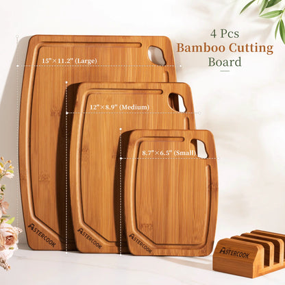 Astercook 4-Piece Bamboo Cutting Board Set with Holder, Deep Carbonized Wood Chopping Boards for Kitchen with Juice Groove and Handles, Knife-Friendly Charcuterie Boards for Meal Prep and Serving
