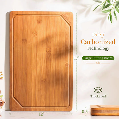 Astercook Deep Carbonized Bamboo Cutting Board, 12" x 17" Large Wood Chopping Board for Kitchen with Juice Groove & Side Handles, Knife-Friendly Serving Charcuterie Board for Meat, Vegetables, Fruit