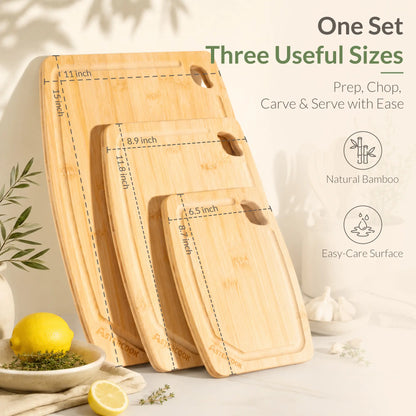 Astercook 4-Piece Bamboo Cutting Board Set with Holder, Natural Wood Cutting Boards with Juice Grooves and Easy-Grip Handles, Kitchen Chopping Boards for Prep and Serving
