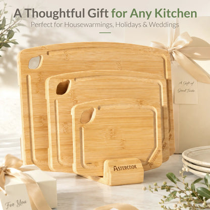 Astercook 4-Piece Bamboo Cutting Board Set with Holder, Natural Wood Cutting Boards with Juice Grooves and Easy-Grip Handles, Kitchen Chopping Boards for Prep and Serving