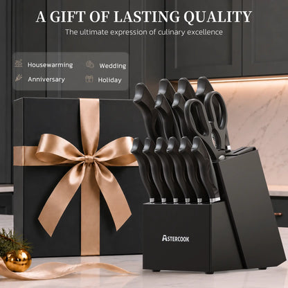 Astercook Knife Set, 15-Piece Kitchen Knives Set with Built-in Sharpener, German Stainless Steel Knife Block Sets with Anti-Rust Coating & PP Ergonomic Handle, Dishwasher Safe Black