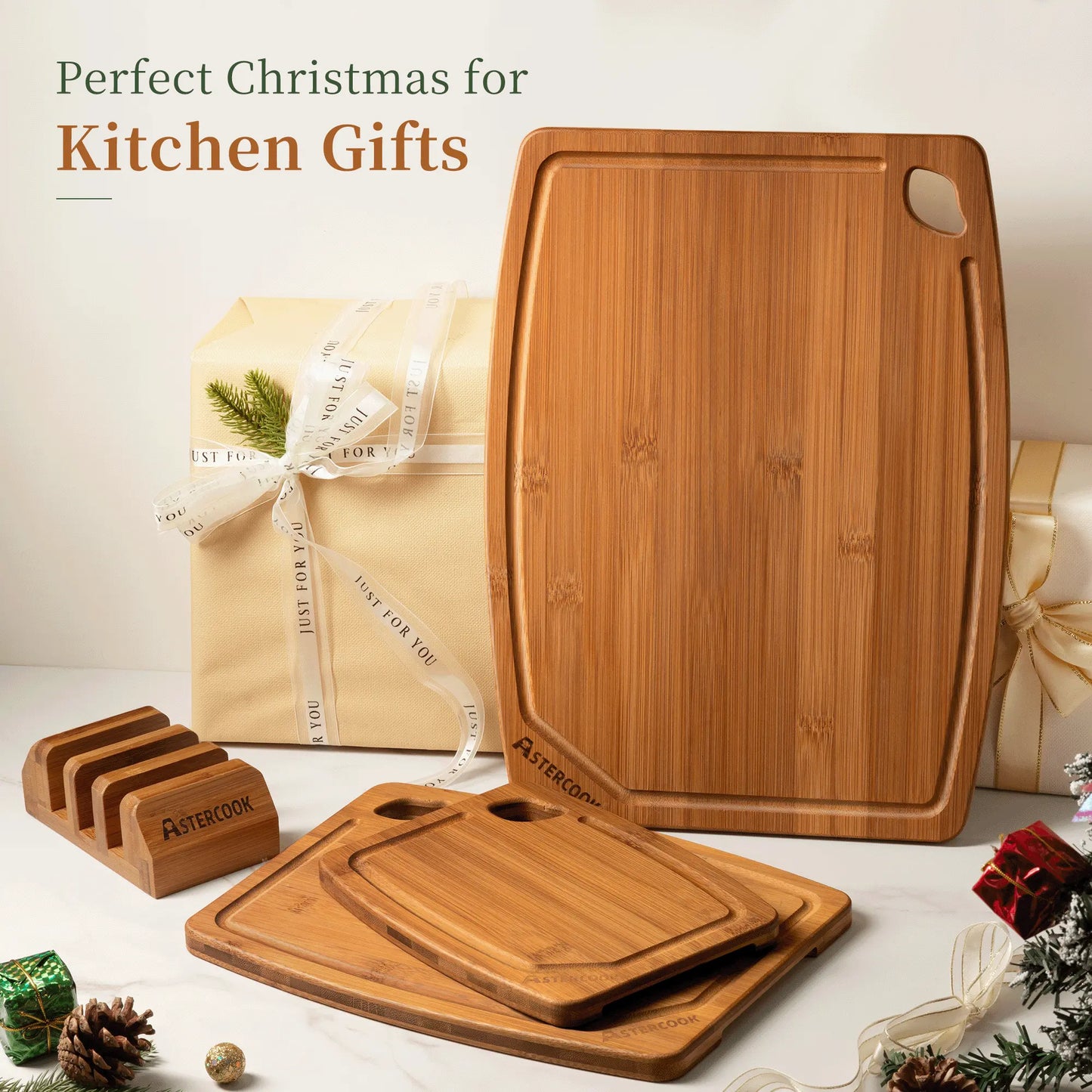 Astercook 4-Piece Bamboo Cutting Board Set with Holder, Deep Carbonized Wood Chopping Boards for Kitchen with Juice Groove and Handles, Knife-Friendly Charcuterie Boards for Meal Prep and Serving