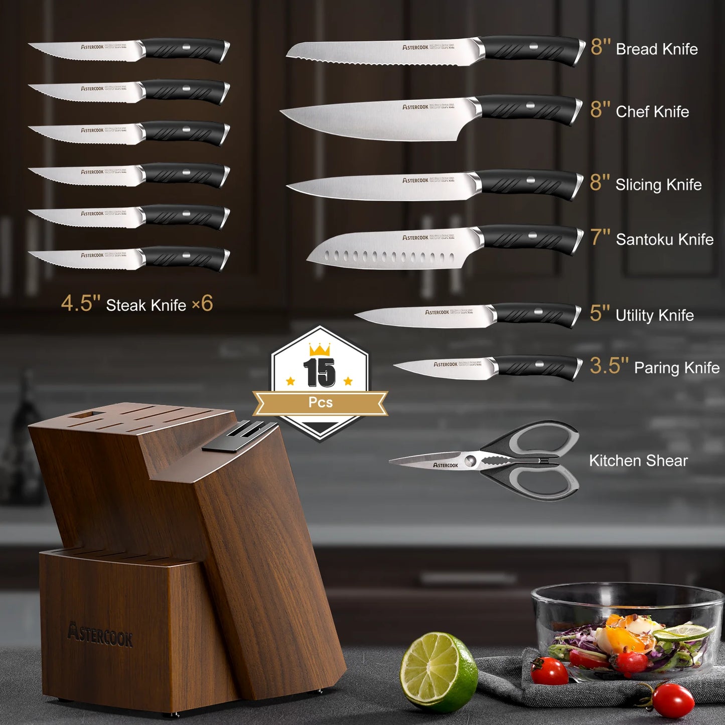 15 Pcs German Stainless Steel Knives Sharp Blade Dishwasher Safe
